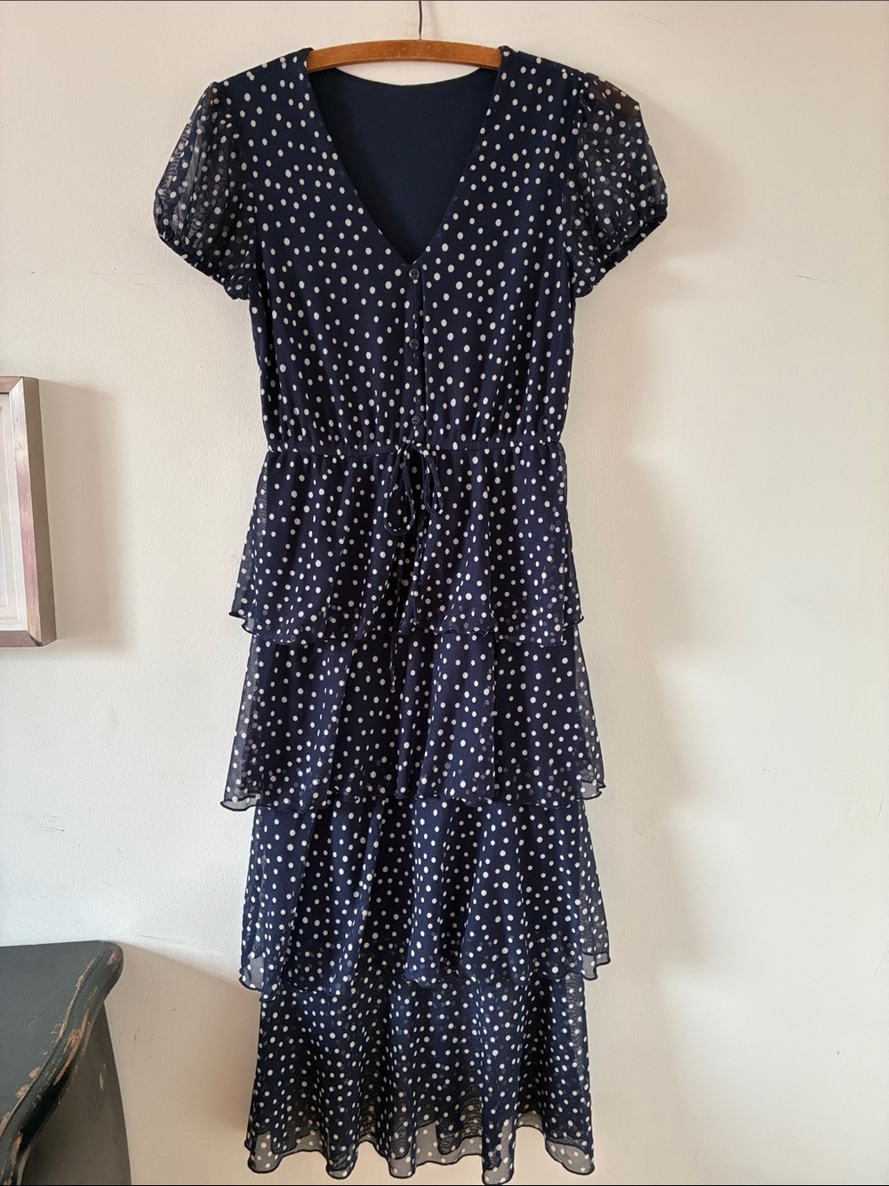 Navy and White Polka Dot Tiered Maxi Dress - Source Unknown - Size S